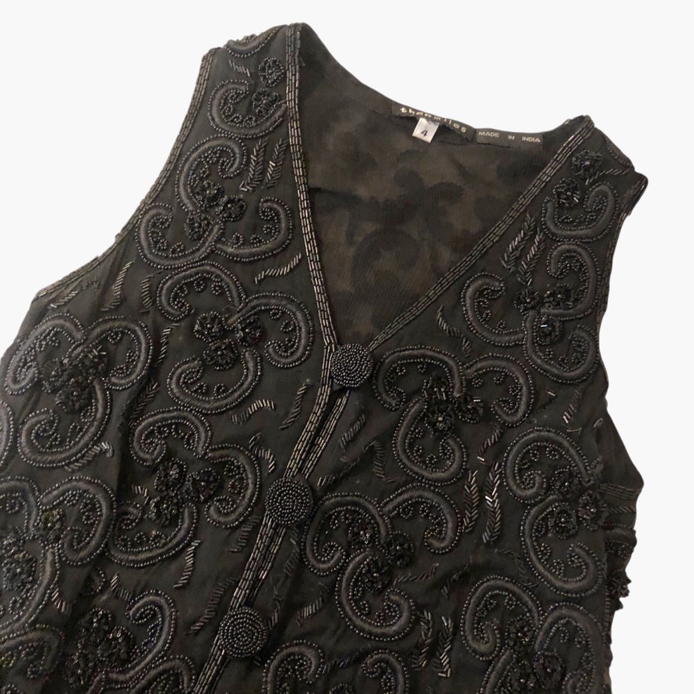 Vintage Black Beaded Tunic Top Vest Sleeveless Chiffon Party Cocktail Size 4